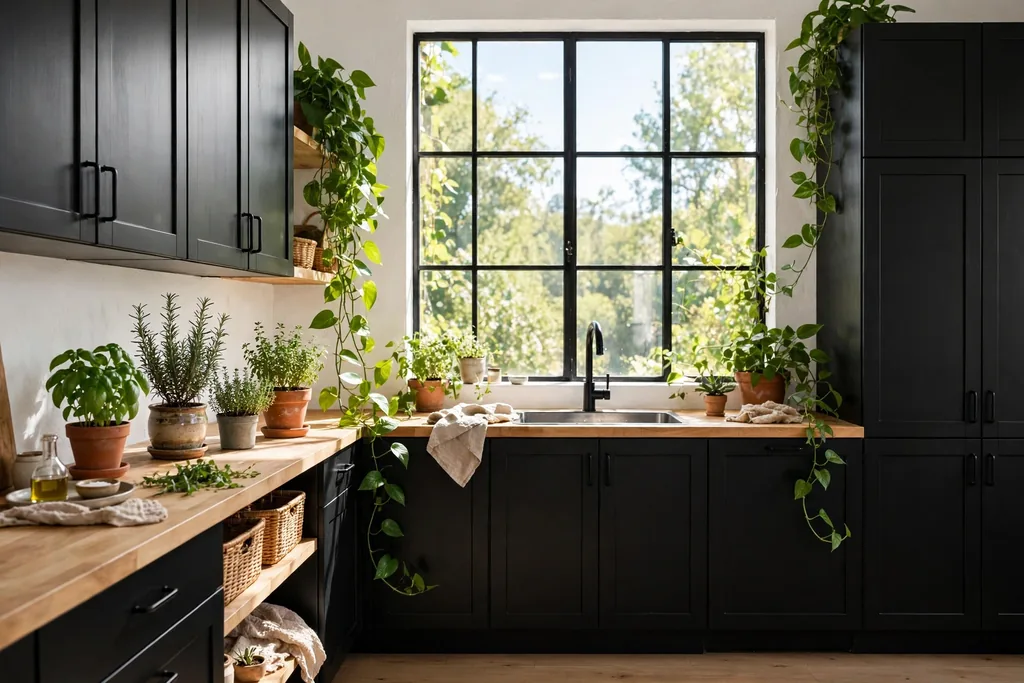 Kitchen with black cabinets, potted herbs, and plants by a window.