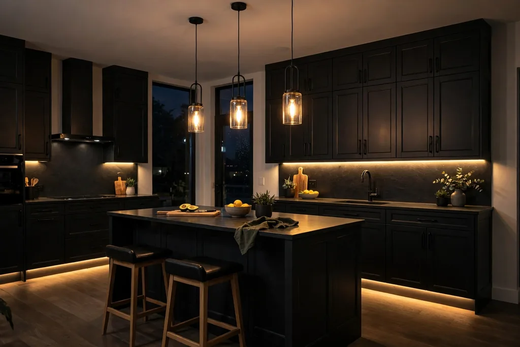 Black kitchen cabinets lit by under-cabinet lights and pendants in the evening.