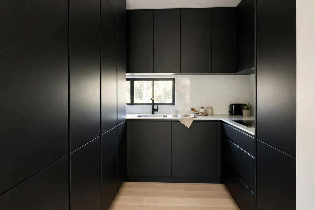 Small kitchen with floor-to-ceiling black cabinets and a pale counter.