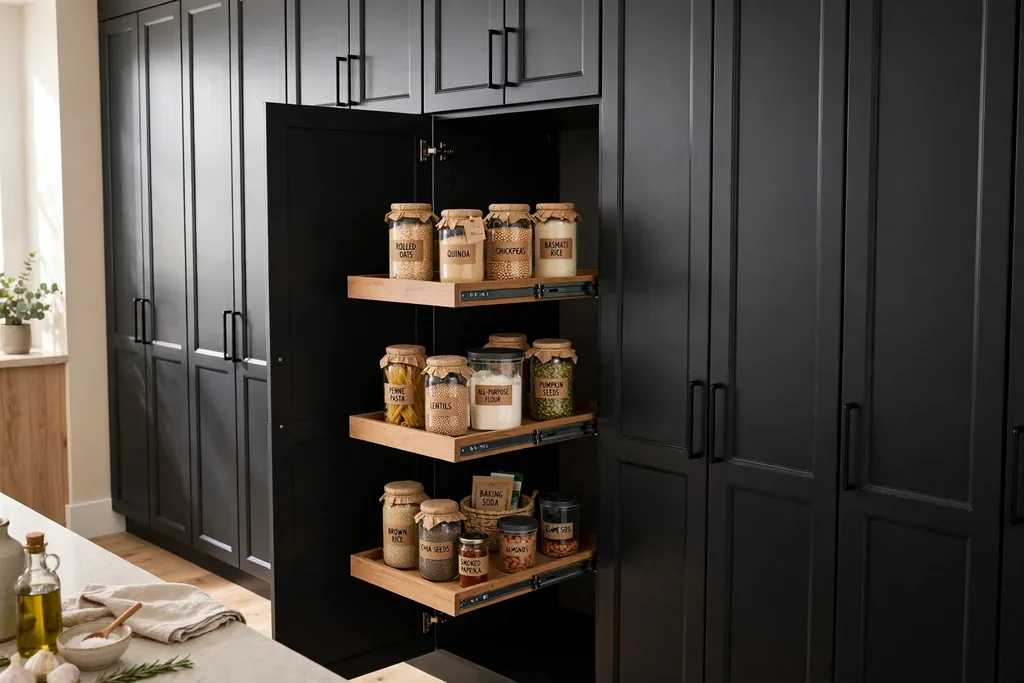 Wall of tall black pantry cabinets in a kitchen.
