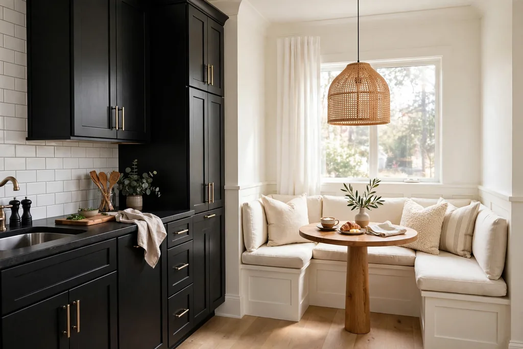 Kitchen with black cabinets and a breakfast nook with a banquette.