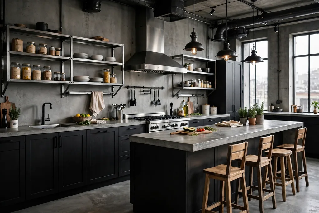 Industrial kitchen with black cabinets, concrete counters, and steel shelving.