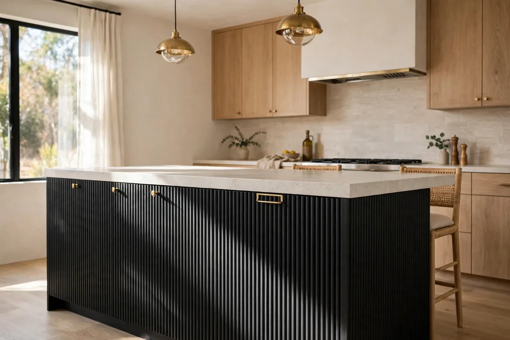 Kitchen island with black fluted cabinet fronts.