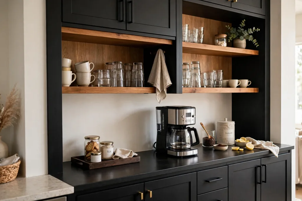 Beverage station built into black cabinets with cups and a coffee maker.