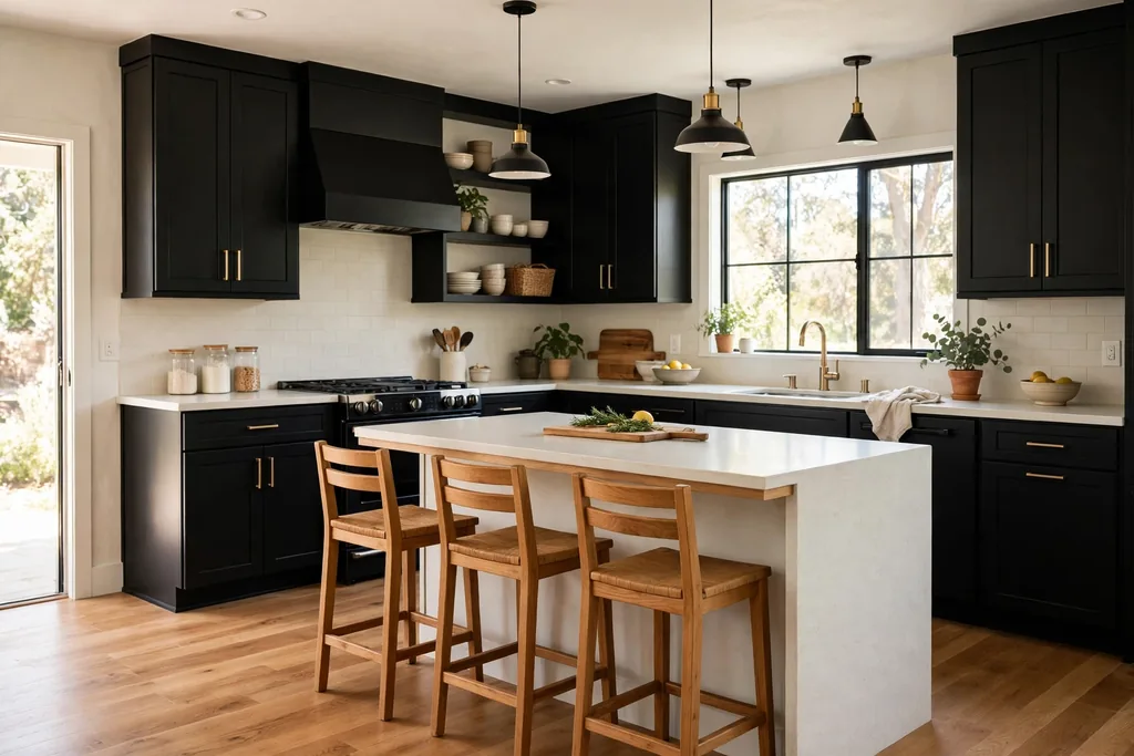 Kitchen with black cabinets and warm wood floors.
