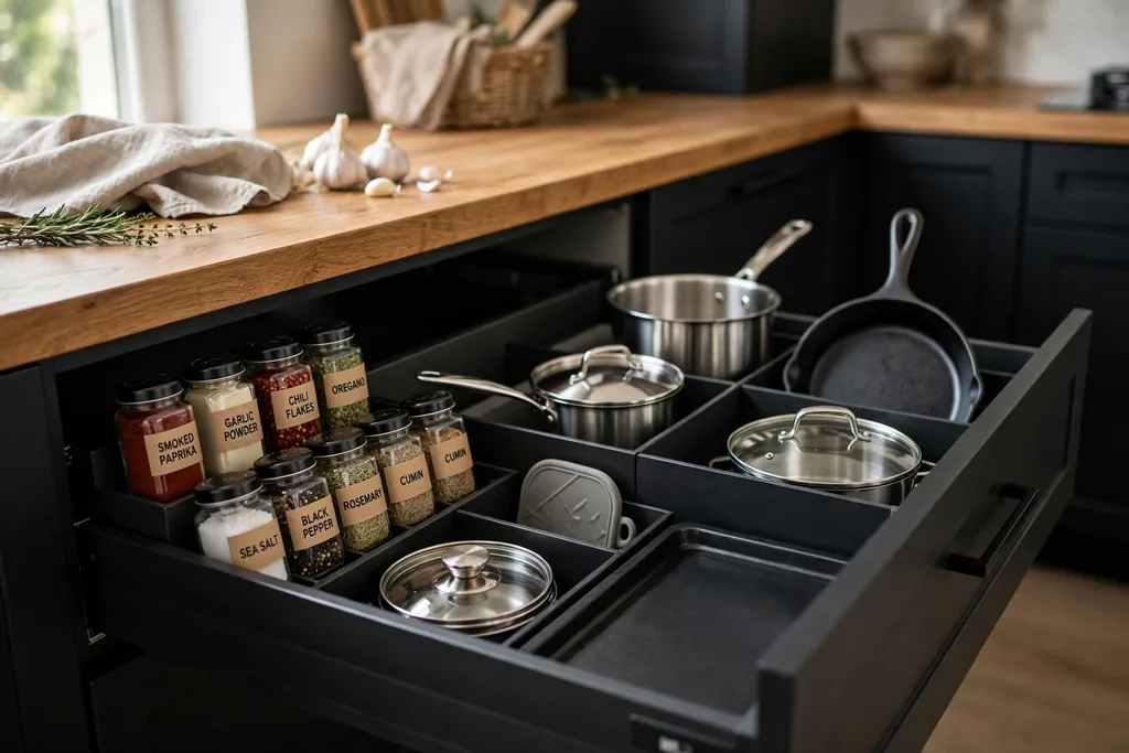 Open black kitchen cabinet with pull-out organizers and dividers.