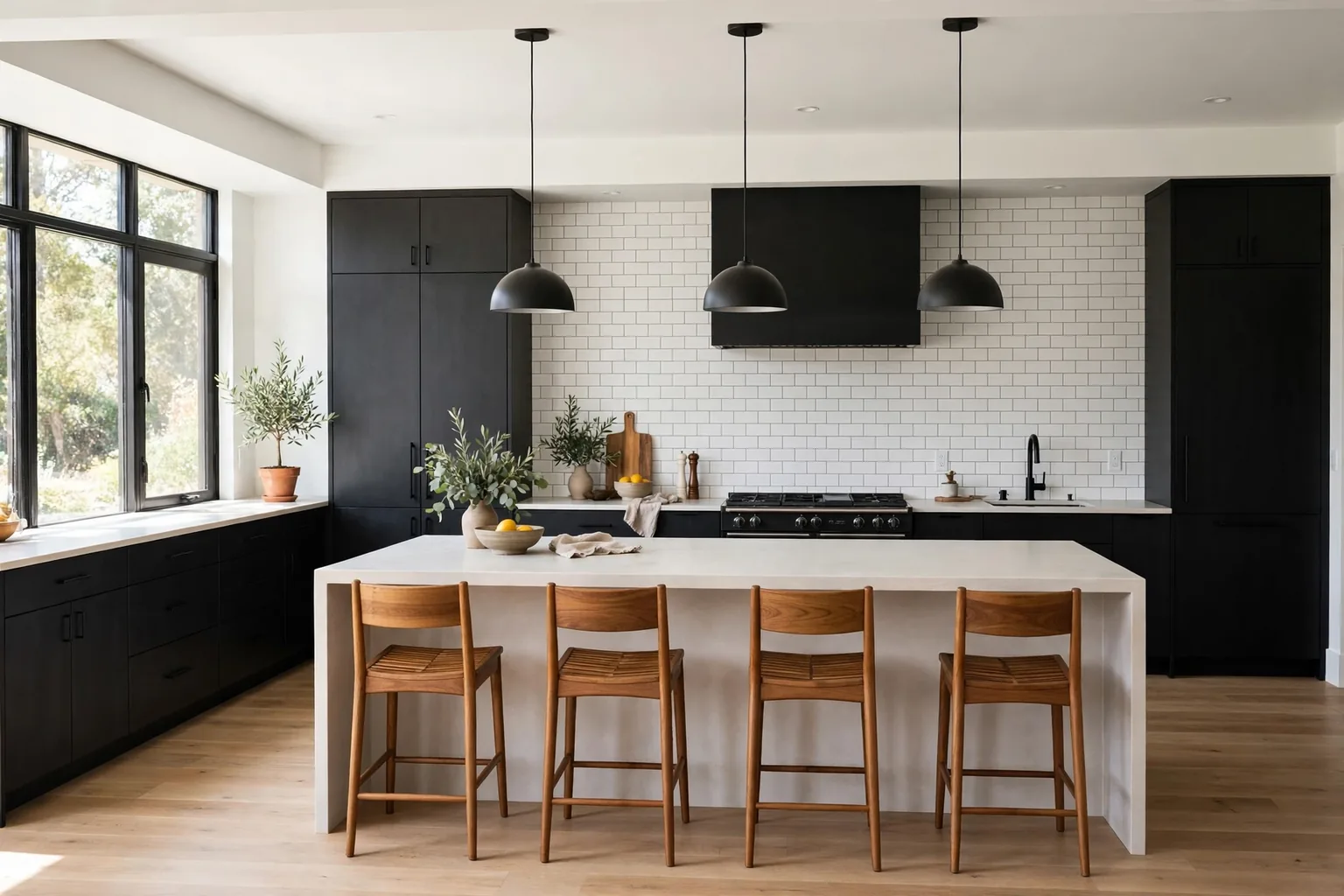 Kitchen with matte black cabinets, a pale island counter, and warm wood stools.