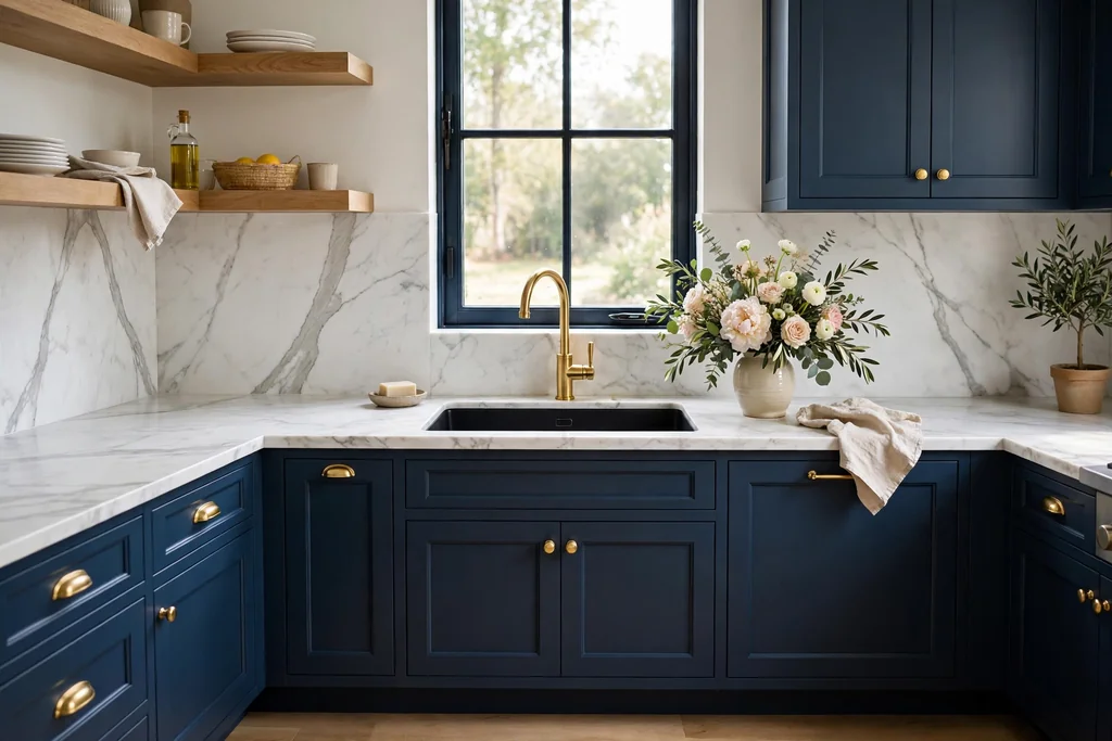 Black sink with a brass faucet, a white marble backsplash, and navy cabinets.