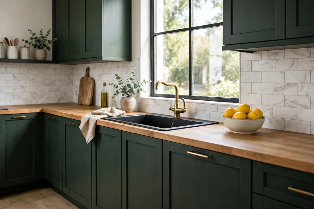 Black sink with dark green cabinets, a brass faucet, and a white marble look backsplash.