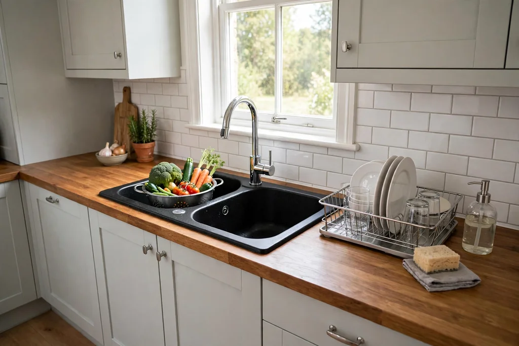 Black granite composite double bowl sink with wood countertops and a colander of vegetables.