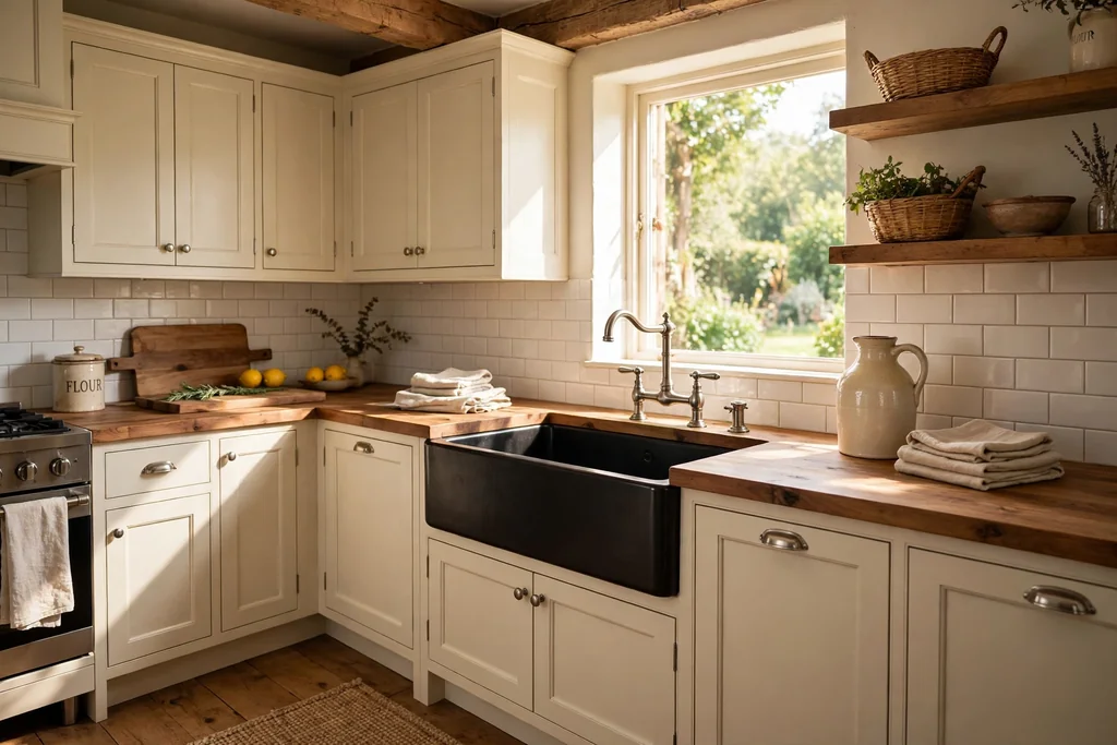 Black apron front farmhouse sink with cream shaker cabinets and wood countertops.