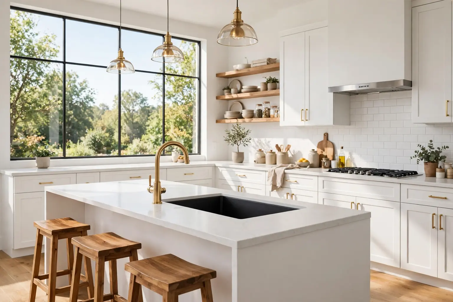 Wide bright modern kitchen with a matte black sink in a white quartz island, a brass faucet, and wood stools.