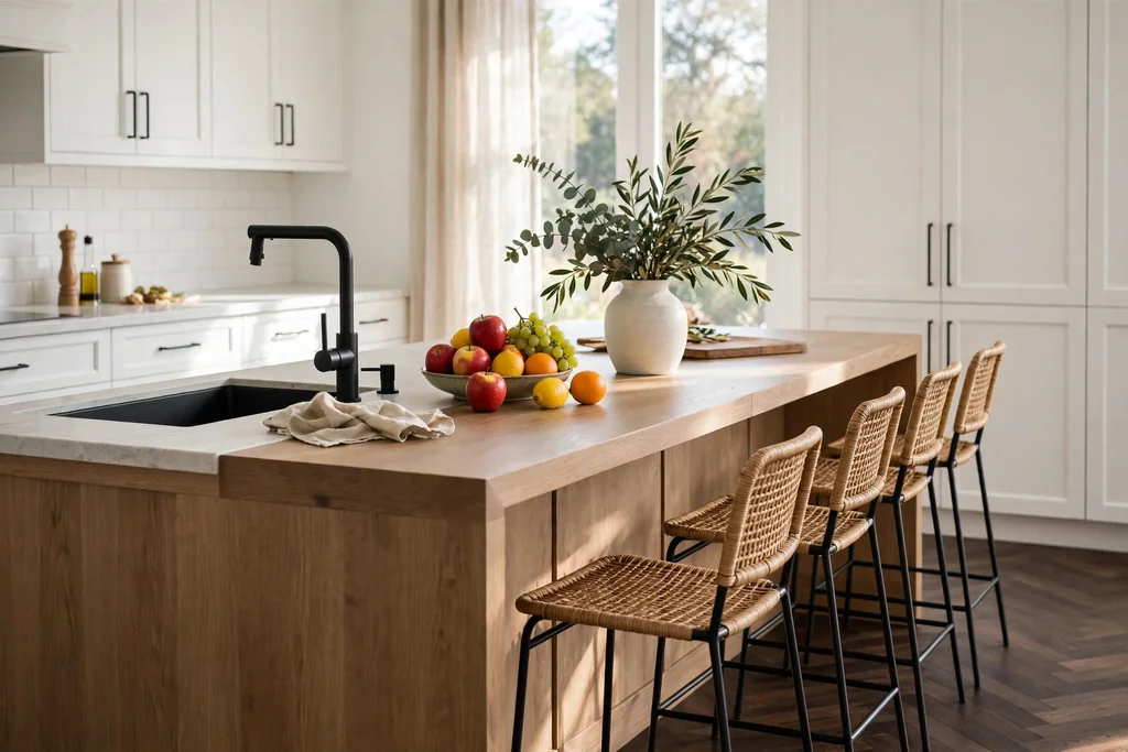 Kitchen island with a matte black sink, bar stools, and a fruit bowl.