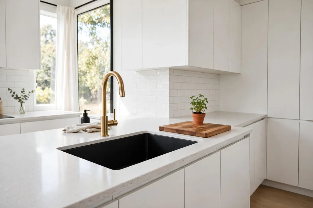 Matte black undermount sink in a white quartz countertop with a brass faucet and white cabinets.