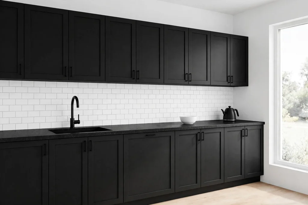 Monochrome kitchen with black cabinets, a black sink, and a matte black faucet.