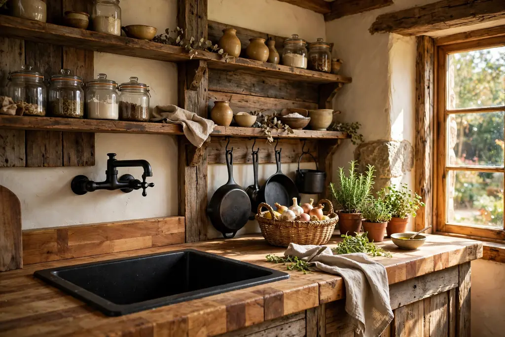 Black sink in a butcher block countertop in a rustic kitchen with wood shelves.