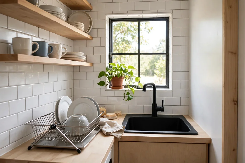 Small kitchen with a single black sink, open wood shelves, and white tiled walls.