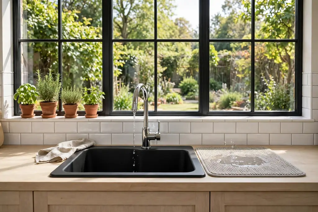 Black sink under a kitchen window with a garden view, white subway tiles, and wood counters.