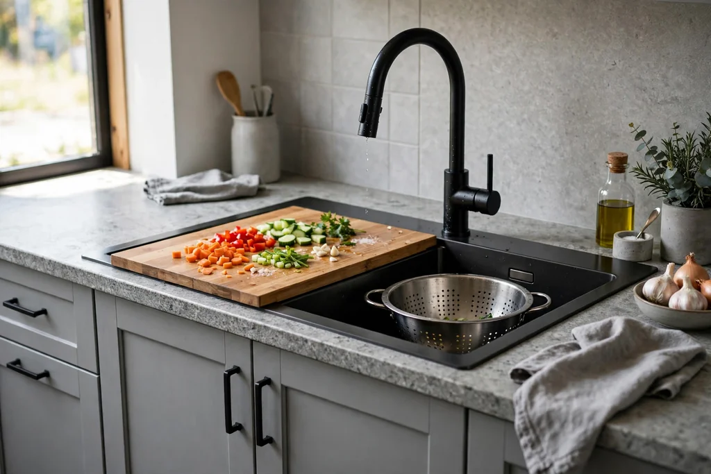 Black workstation sink with a sliding wood cutting board and a metal colander.