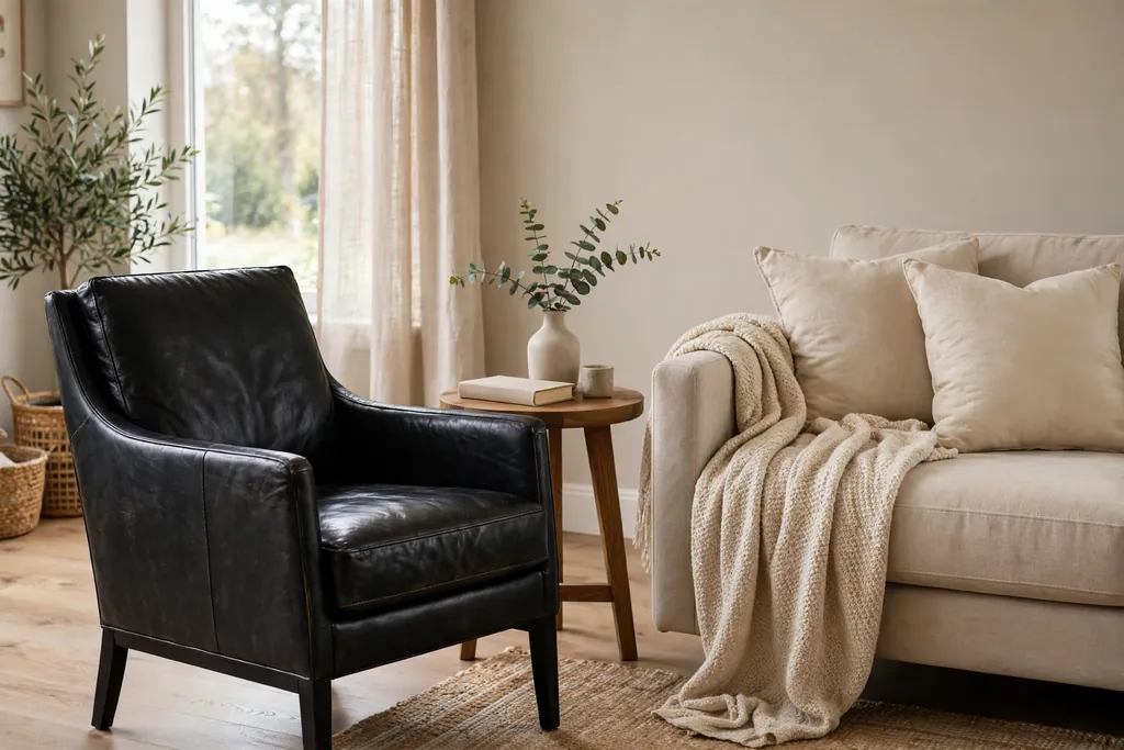Black leather chair angled beside a beige fabric sofa with a side table.