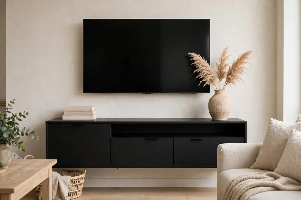 Black media console under a television styled with a beige vase and light books.
