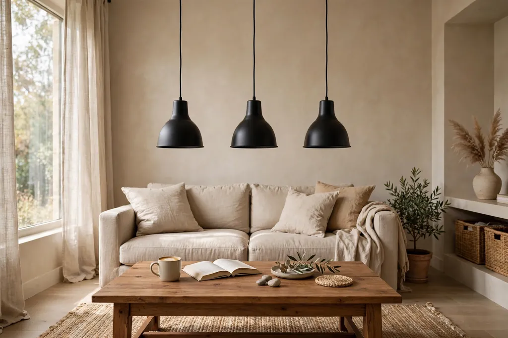 Black pendant lights hanging over a coffee table in a beige living room.