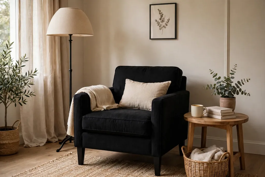 Black armchair reading nook with a beige shaded floor lamp and side table.