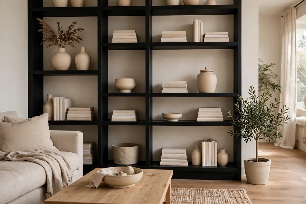 Black shelves styled with beige ceramics, light books, and open gaps.