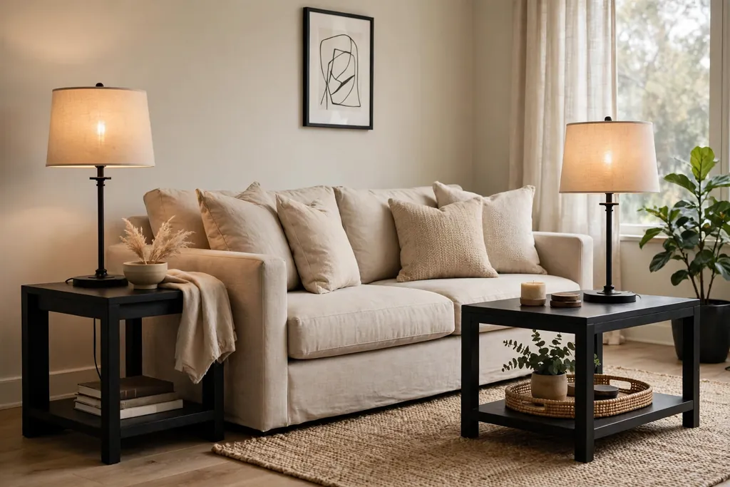 Black side tables beside a beige sofa with beige lamp shades.