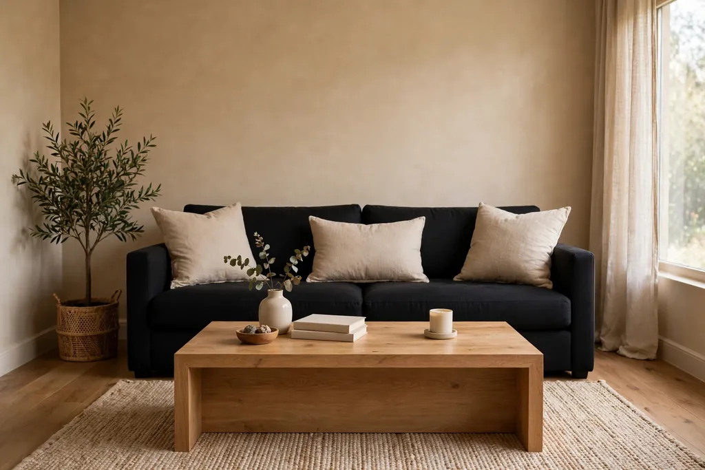 Black sofa against warm beige walls with beige cushions and a wood coffee table.