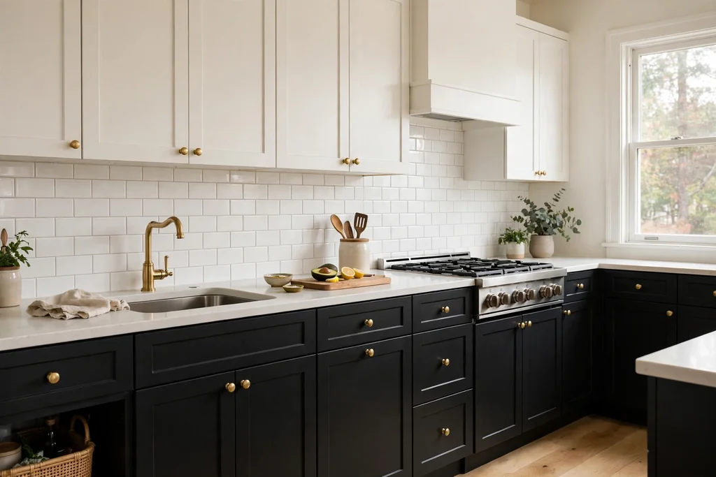 Kitchen with black lower cabinets and white upper cabinets, pale counter, and white tile backsplash.