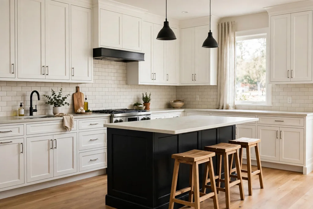 Kitchen with white perimeter cabinets and a black island base with a pale counter and wood stools.