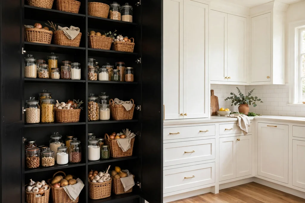 Kitchen with a tall black pantry cabinet wall beside white base cabinets and a pale counter.