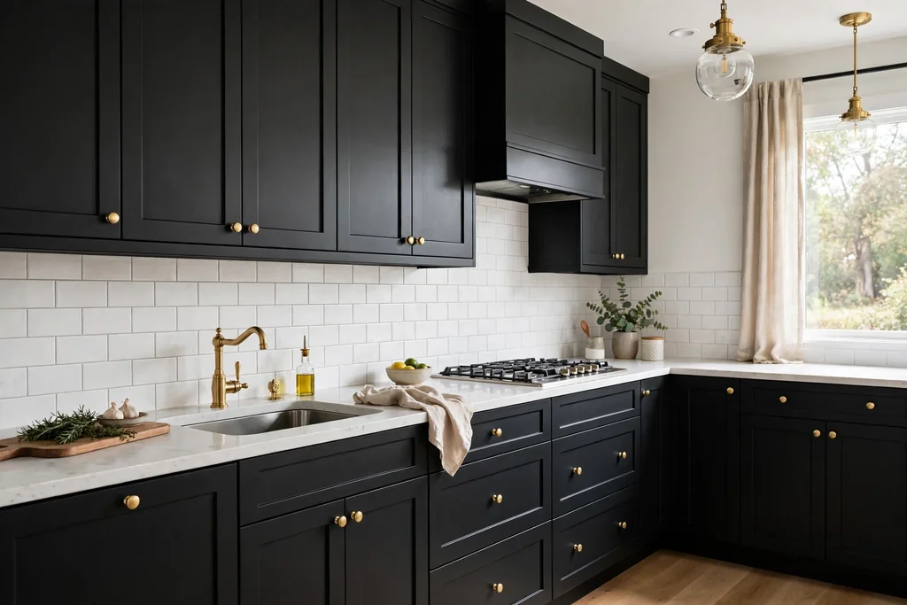 Kitchen with matte black shaker cabinets, white stone counter, and white subway tile backsplash.