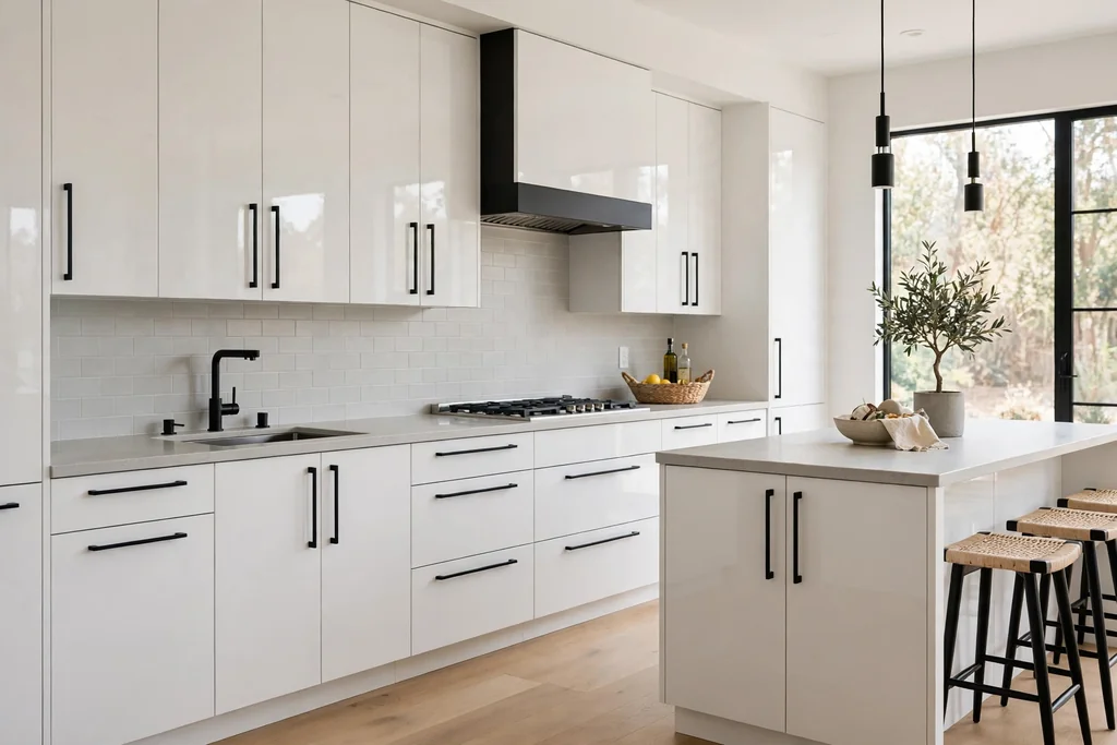 Modern kitchen with gloss white flat front cabinets and long matte black bar pulls.