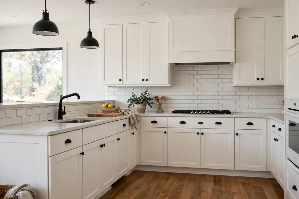 Kitchen with white shaker cabinets, matte black knobs and cup pulls, and a black tap.