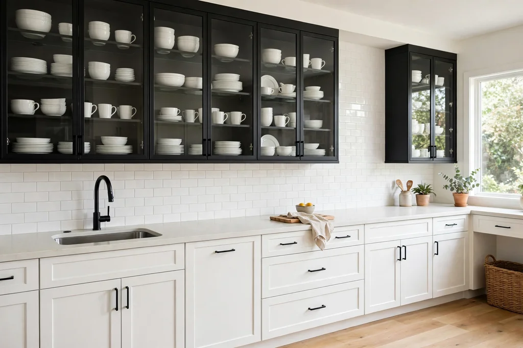 Kitchen with black glass front upper cabinets displaying white dishes above white base cabinets.