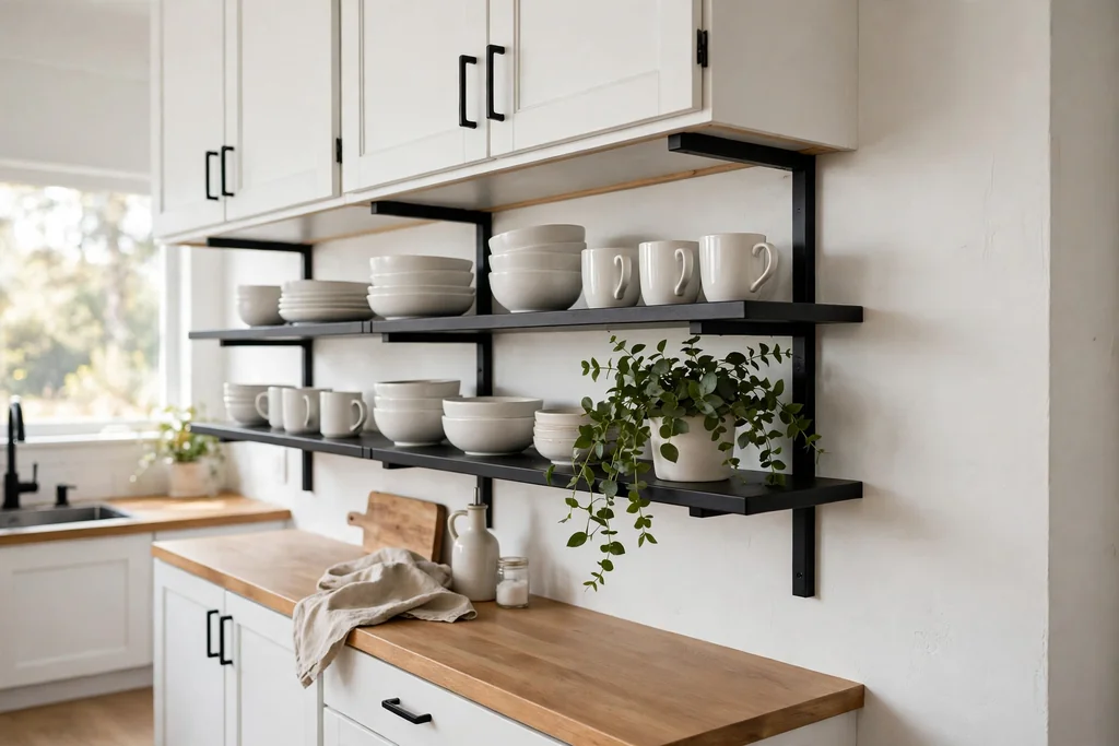 Kitchen with white cabinets and black open shelves holding white bowls, mugs, and a plant.