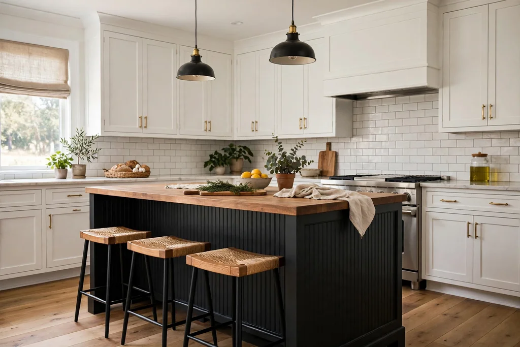 Kitchen with white perimeter cabinets and a black beadboard island with a wood counter and stools.