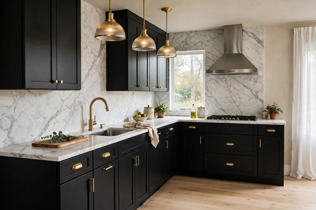 Kitchen with black cabinets, white marble look counters and backsplash, and brass hardware.