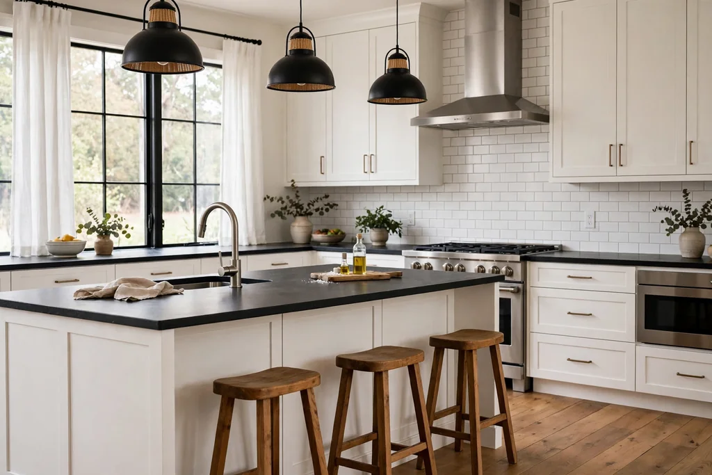 Kitchen with white cabinets and a dark black countertop with a white tile backsplash.