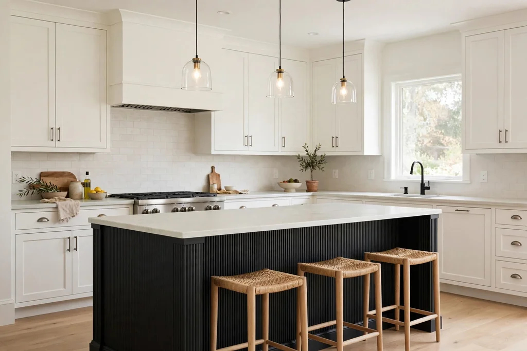 Kitchen with white perimeter cabinets and a black fluted island front with a pale counter.