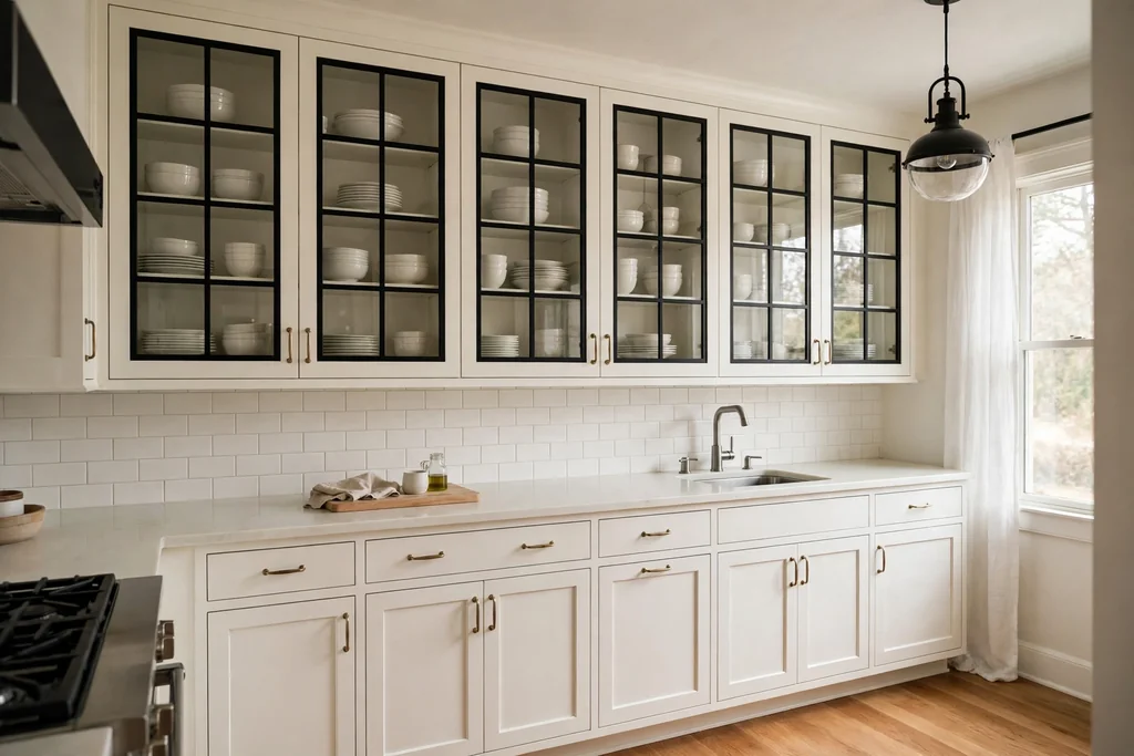Kitchen with white cabinets and black framed glass upper cabinet doors showing white dishes.
