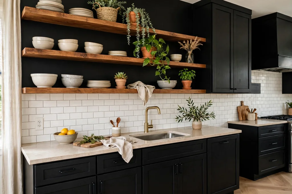 Kitchen with black cabinets and warm wood open shelves holding dishes and plants.