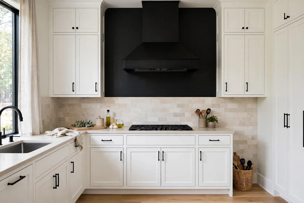 Kitchen with white cabinets and a black range hood wall with a pale stone backsplash.