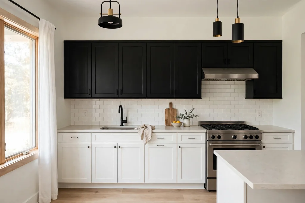 Kitchen with black upper cabinets and white lower cabinets with a pale counter.