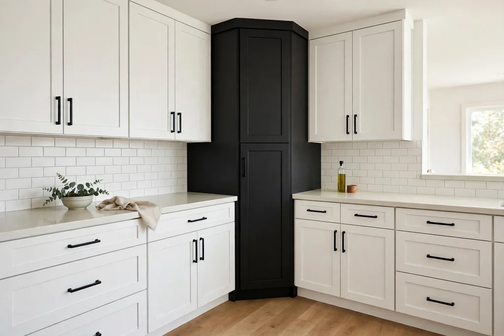 Kitchen corner with a black diagonal corner cabinet among white cabinets with matching handles.