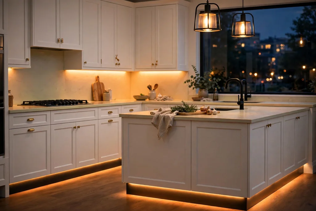 Evening kitchen with white cabinets, black toe kick strip lighting, and warm under cabinet lights.