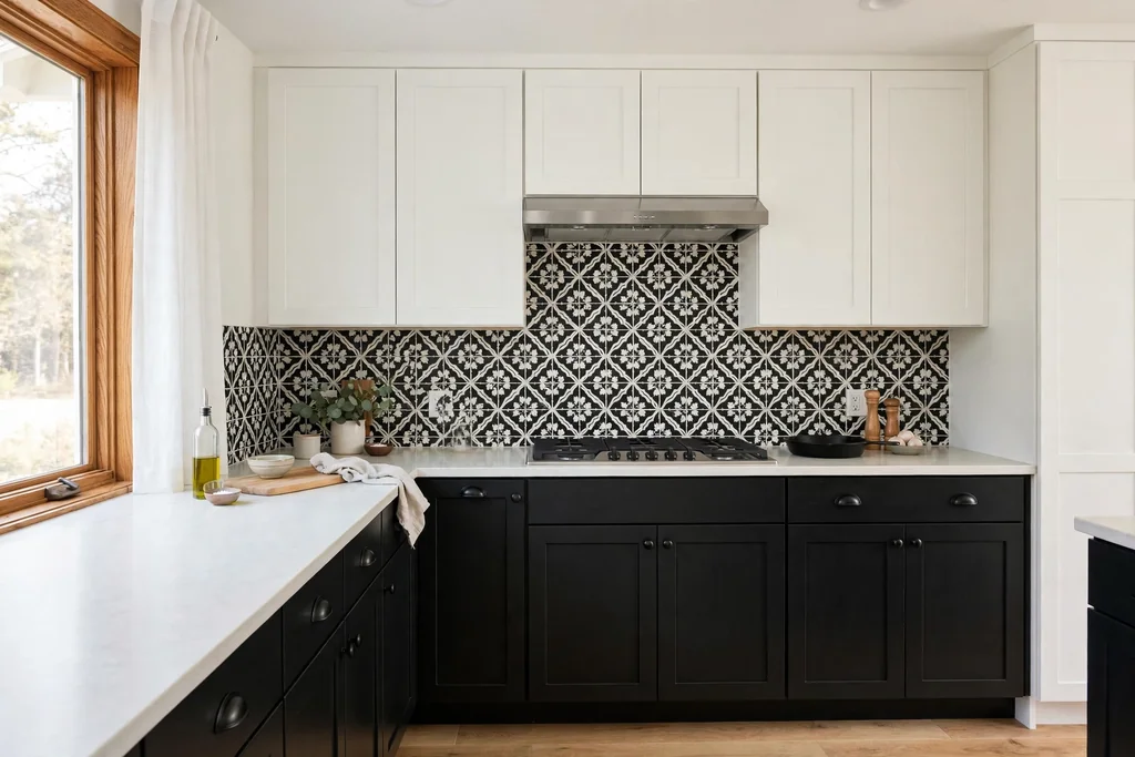 Kitchen with black and white cabinets and a black and white patterned tile backsplash.