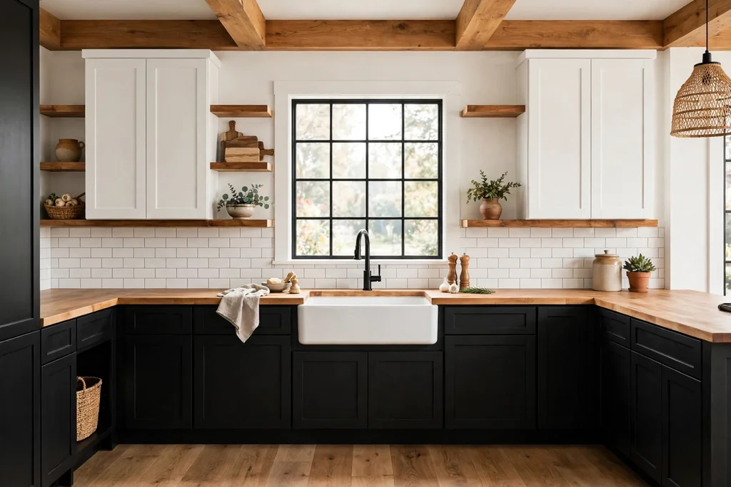 Kitchen with black cabinets around a white farmhouse sink under a window with white uppers.